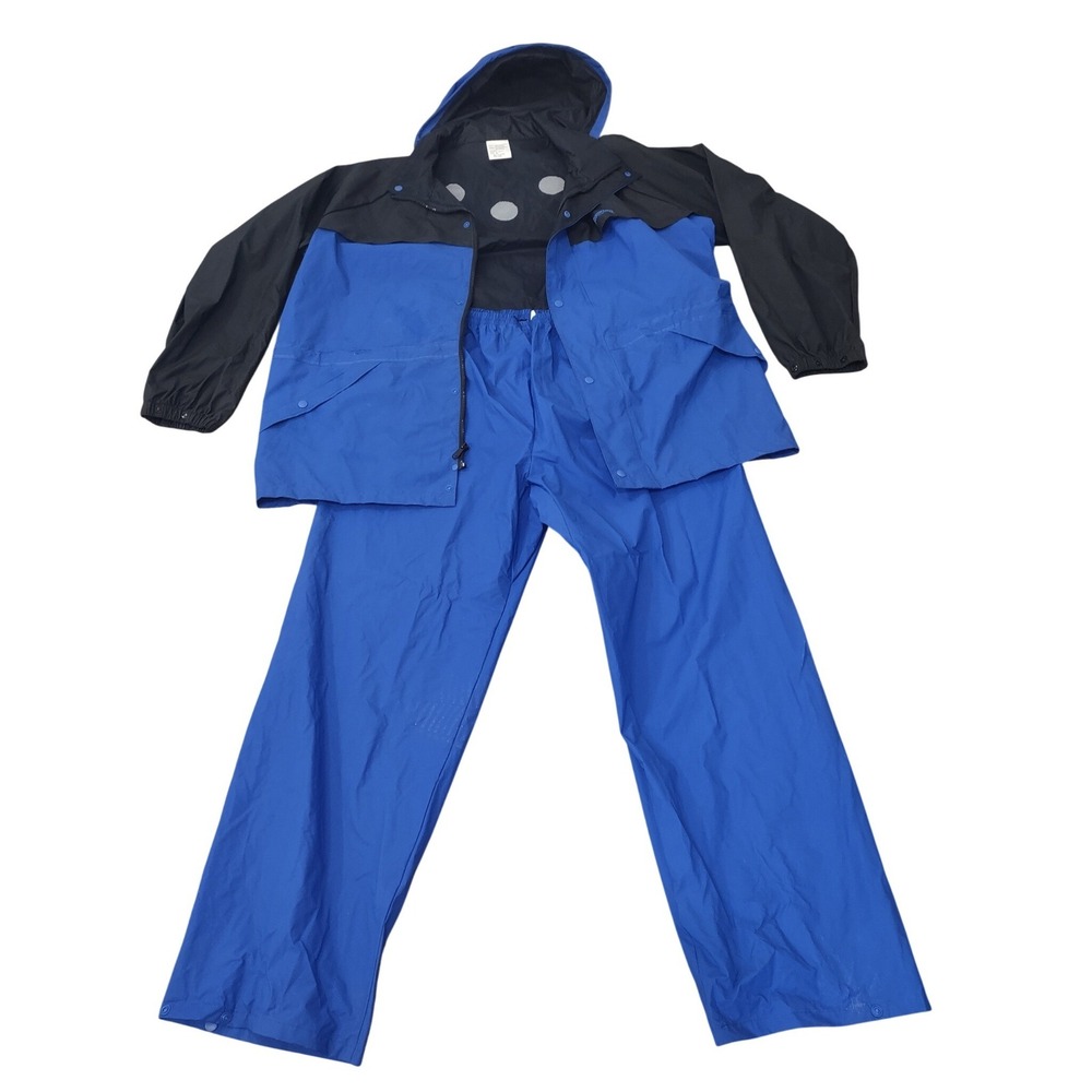 Bushmaster Rain Suit Men XL 2PC Jacket Pants Set Hooded Waterproof PVC Blue Blk.